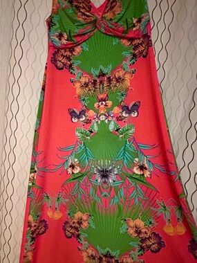 NWT Ronni Nicole Coral & Green Tropical Floral Maxi Dress
